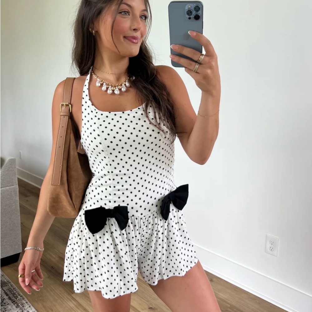 White Polka Dot Bow Romper